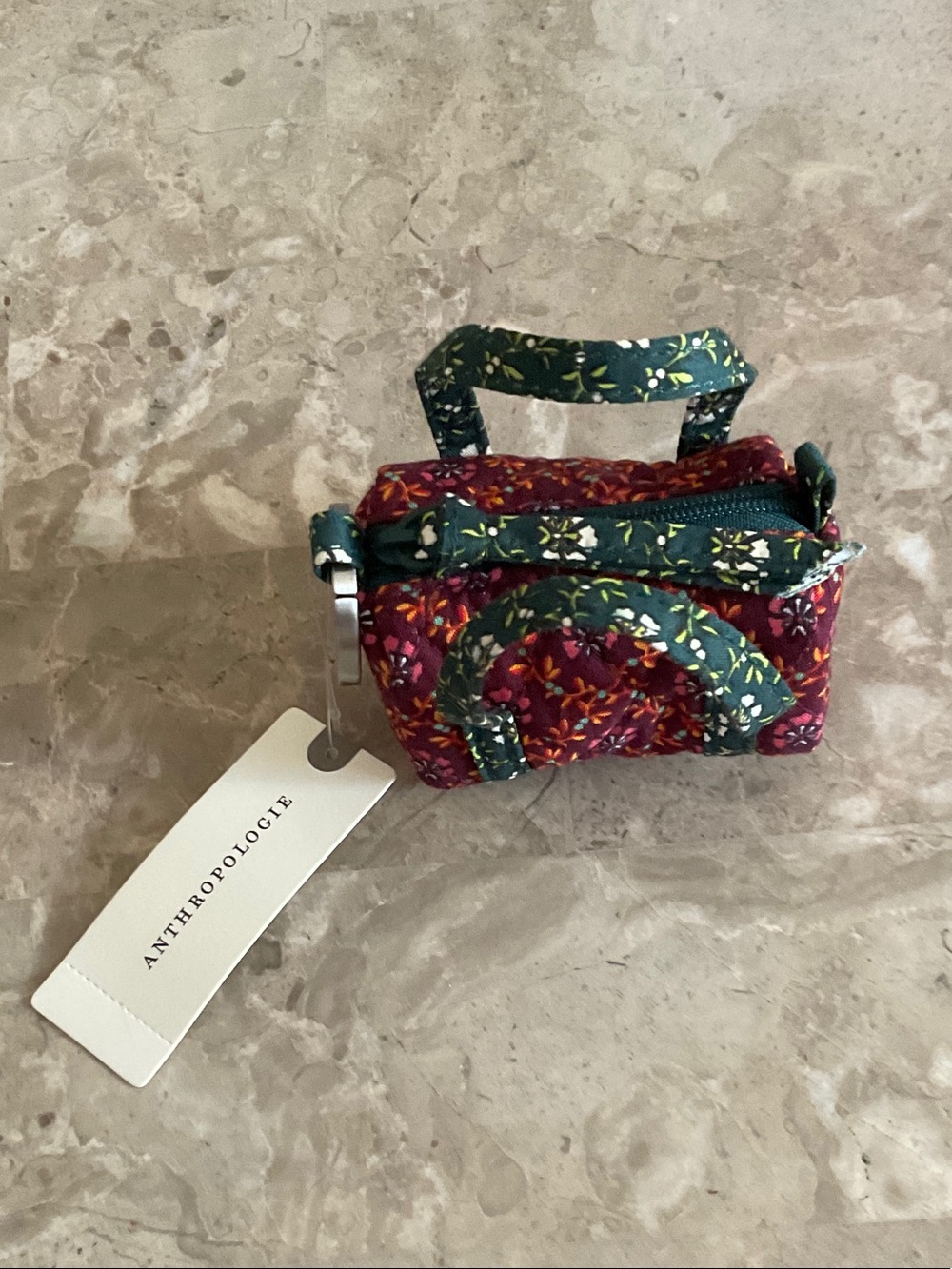 Anthropologie Floral Mini Duffle Keychain - Burgundy & Green